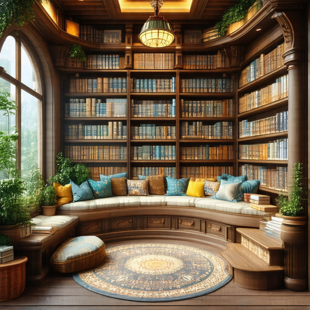 Cozy living room with a large bookcase filled with numero...