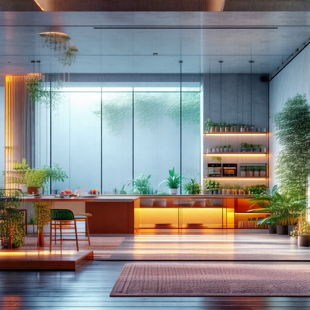 Large, modern living room with a variety of potted plants...