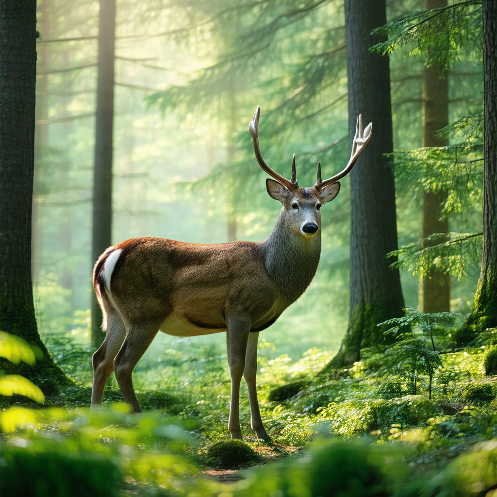 Deer standing in a forest, surrounded by trees