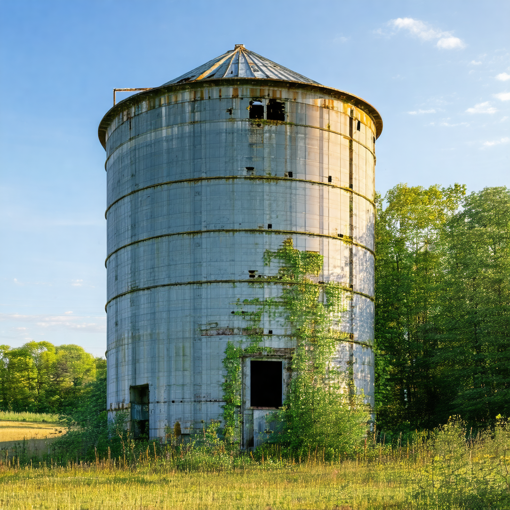 Large, rusty metal cylinder towering over a grassy field