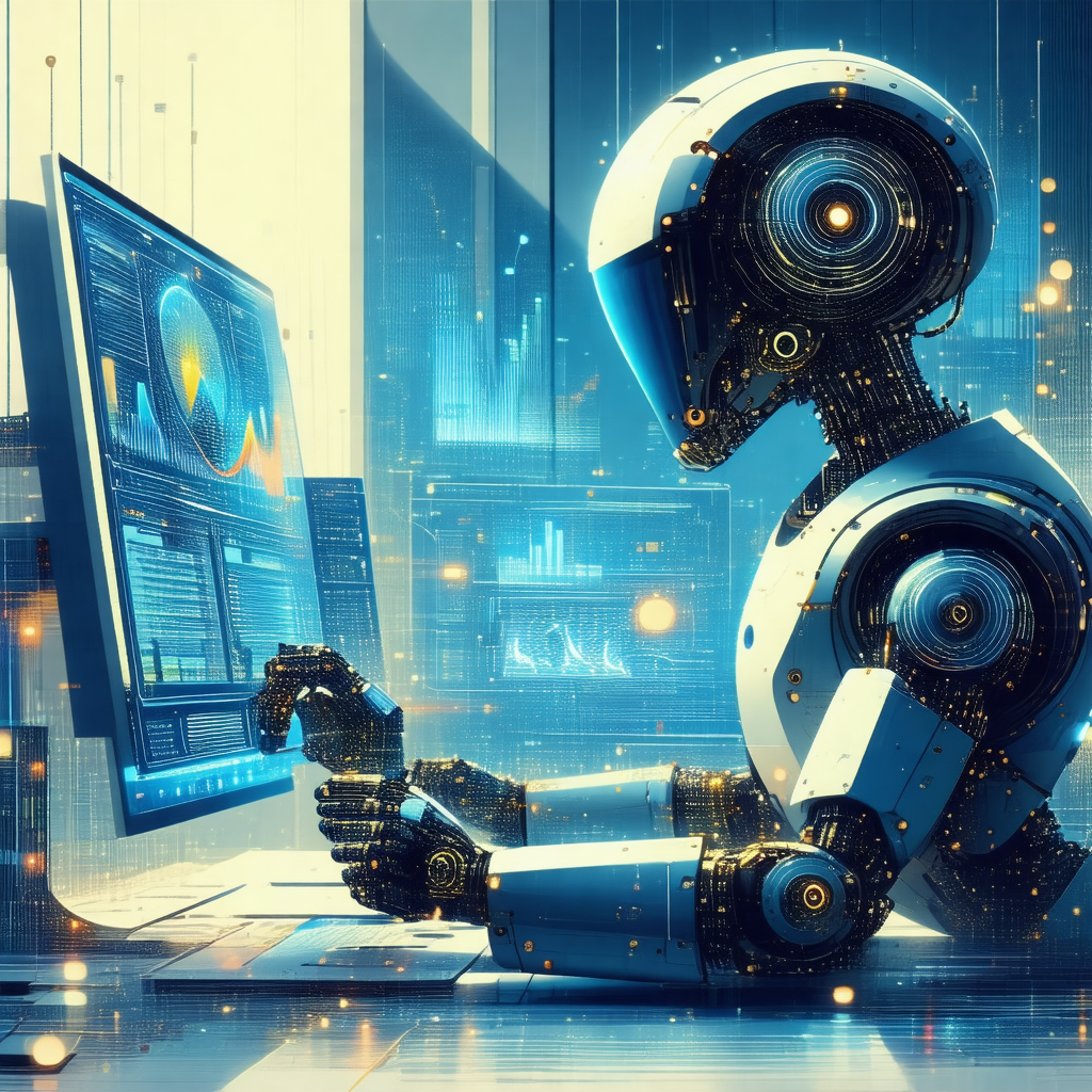 Futuristic robot sitting in front of a computer screen, w...
