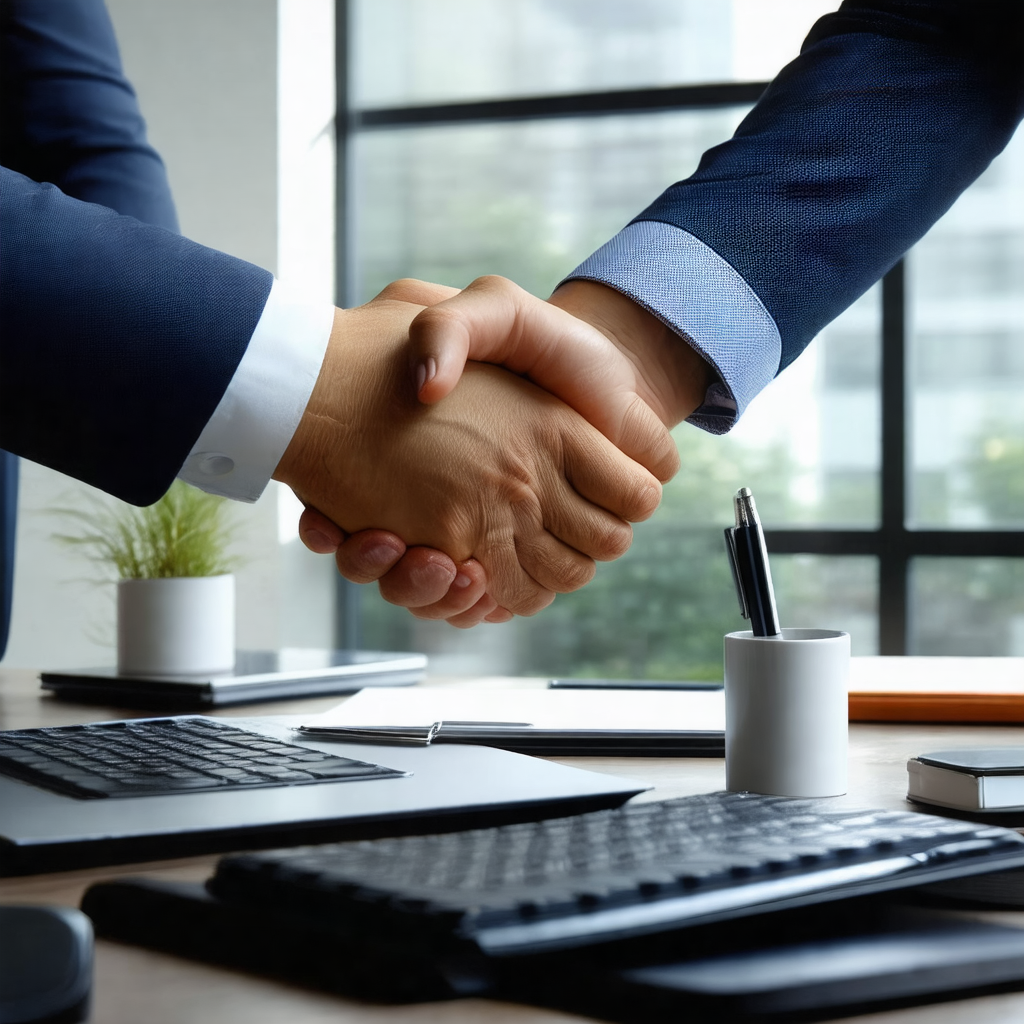 Man and a woman shaking hands in a professional setting