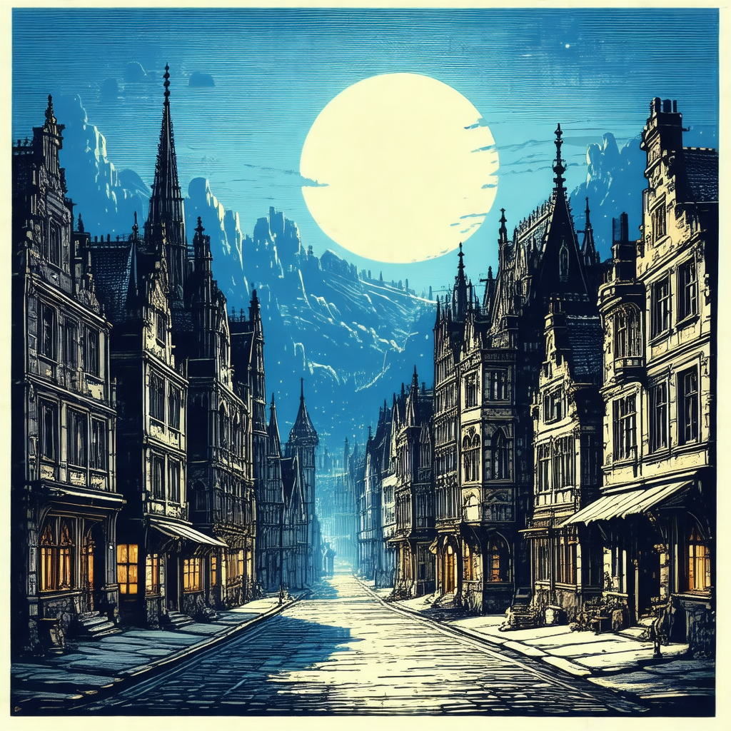 Black and white drawing of a city street at night