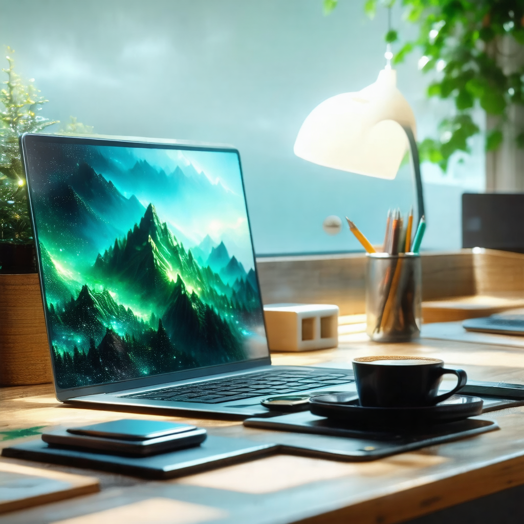 Wooden desk with a laptop computer sitting on top of it