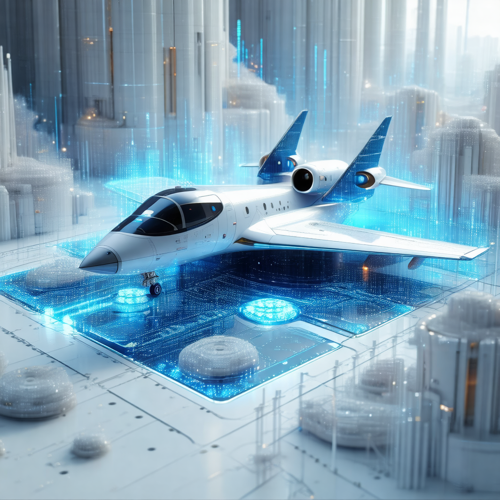 Futuristic white jet airplane parked on a blue runway