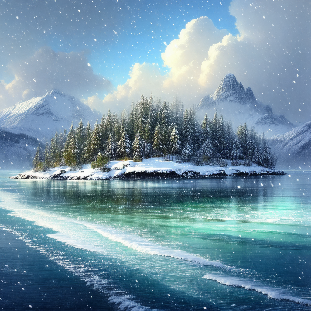 Snowy island surrounded by a large body of water