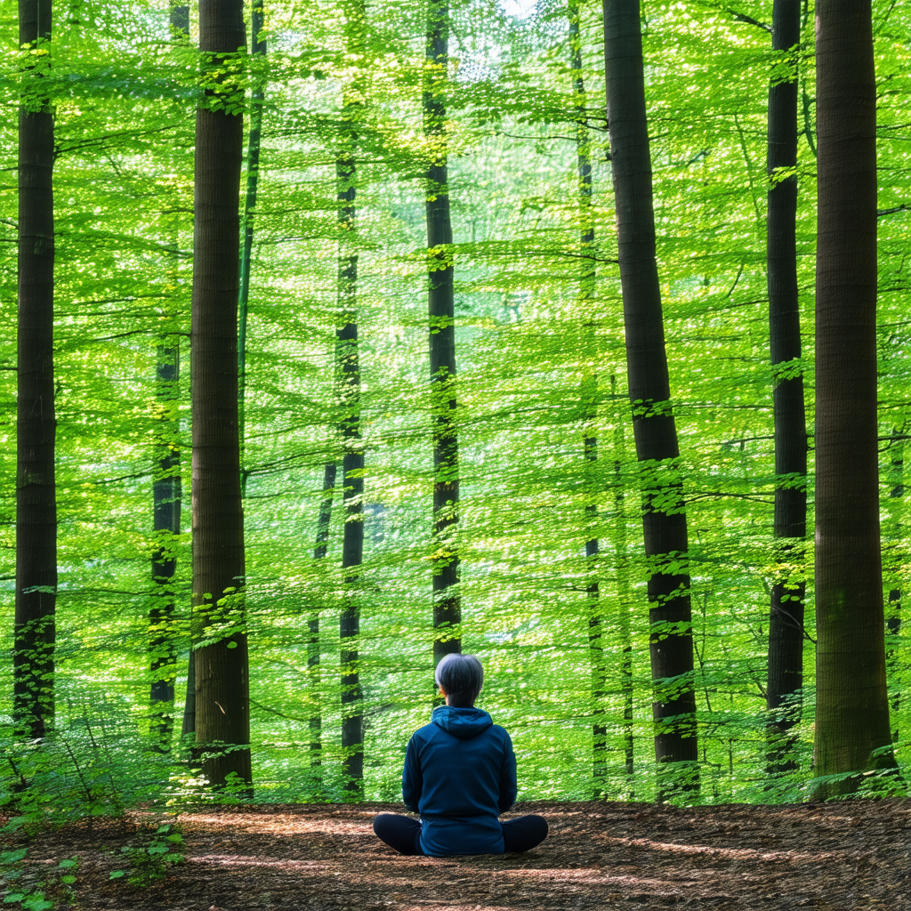 Person sitting in a forest, surrounded by trees