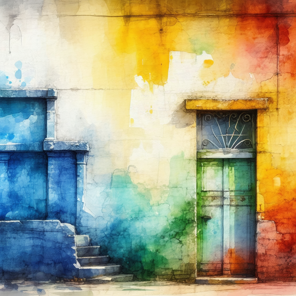 Painting of a building with a colorful door
