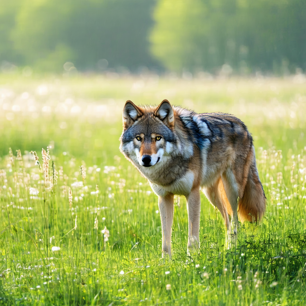Wolf standing in a grassy field, looking directly at the ...