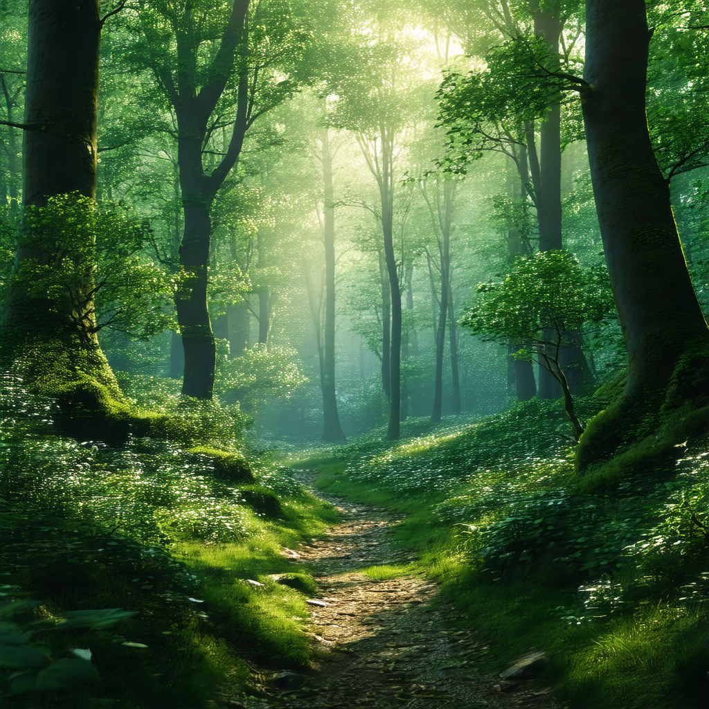 Serene forest scene with a pathway leading through the woods