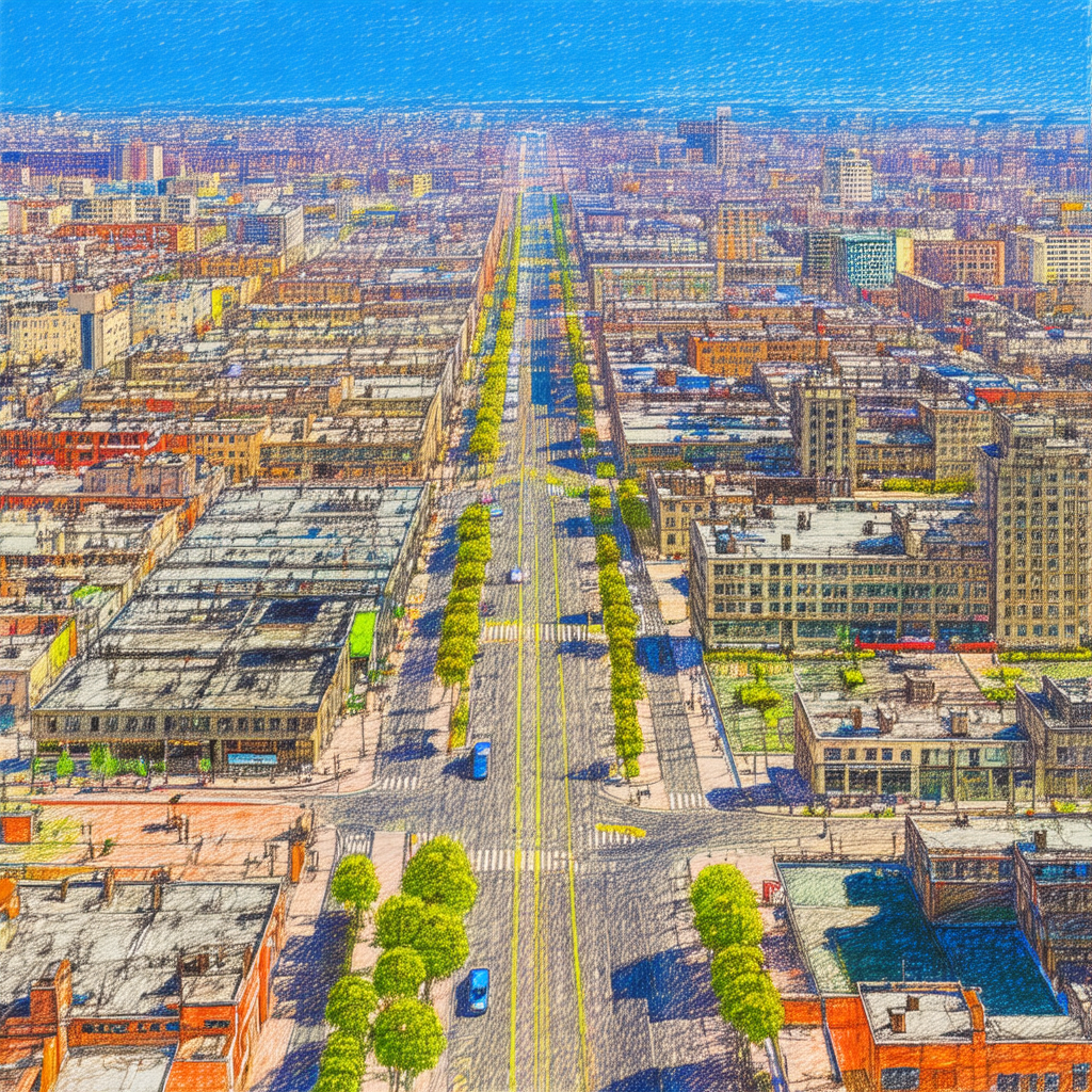 Painting of a city street with a large, long road that st...