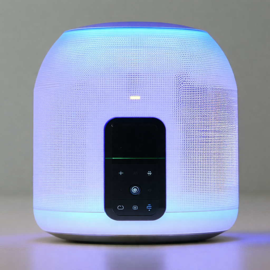 Small, white, and blue speaker with a blue light on top o...