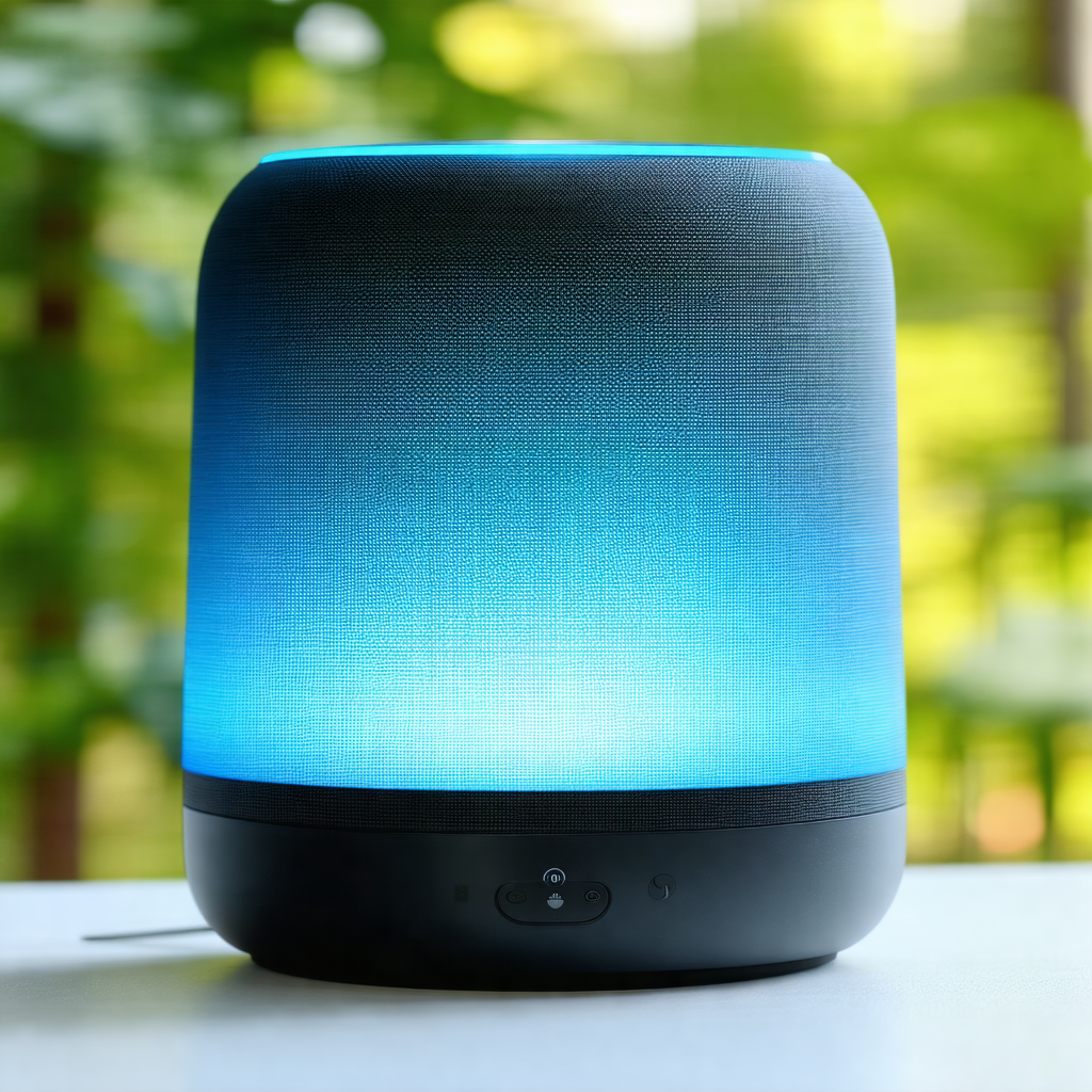 Small, blue, cylindrical speaker sitting on a table