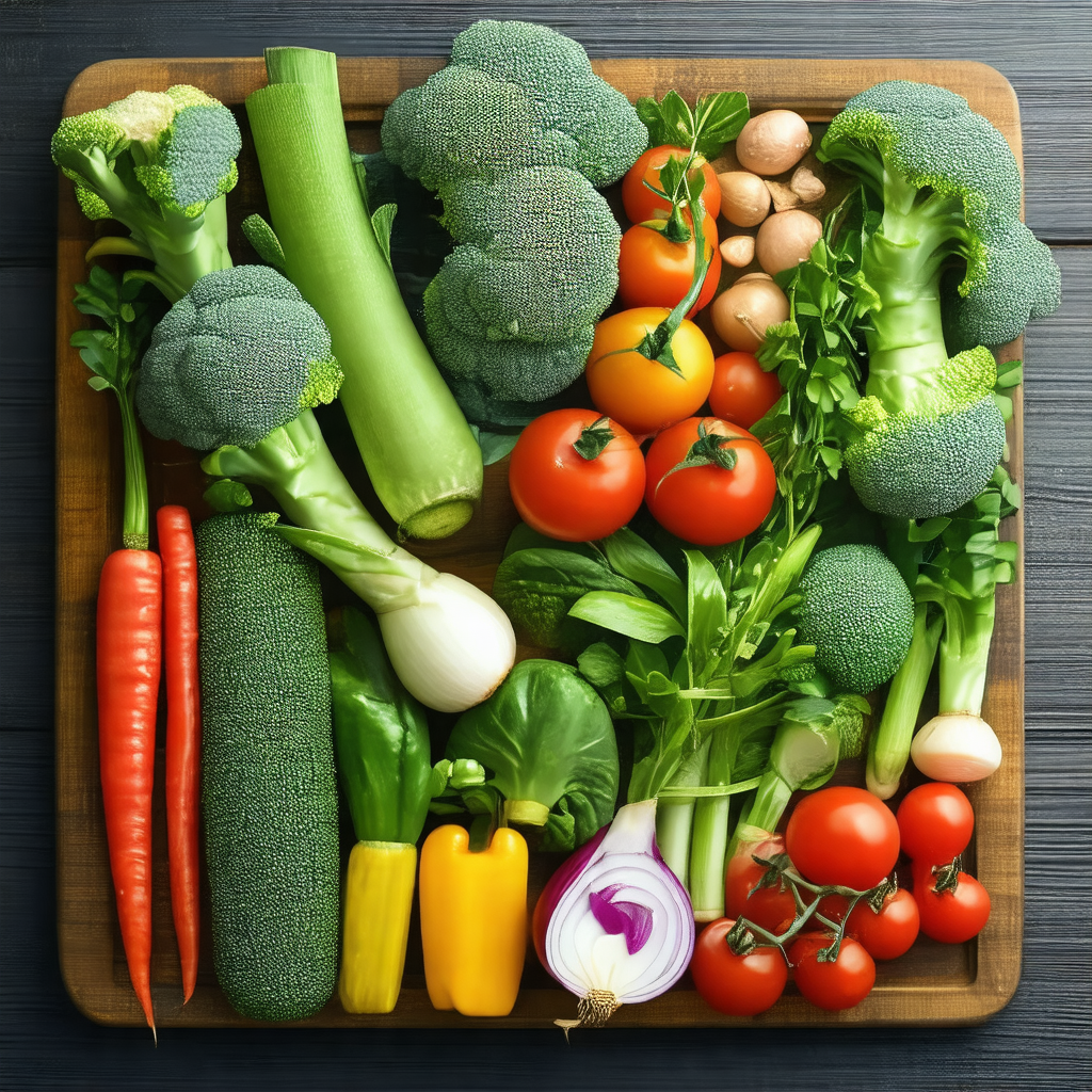 Wooden tray filled with a variety of fresh vegetables