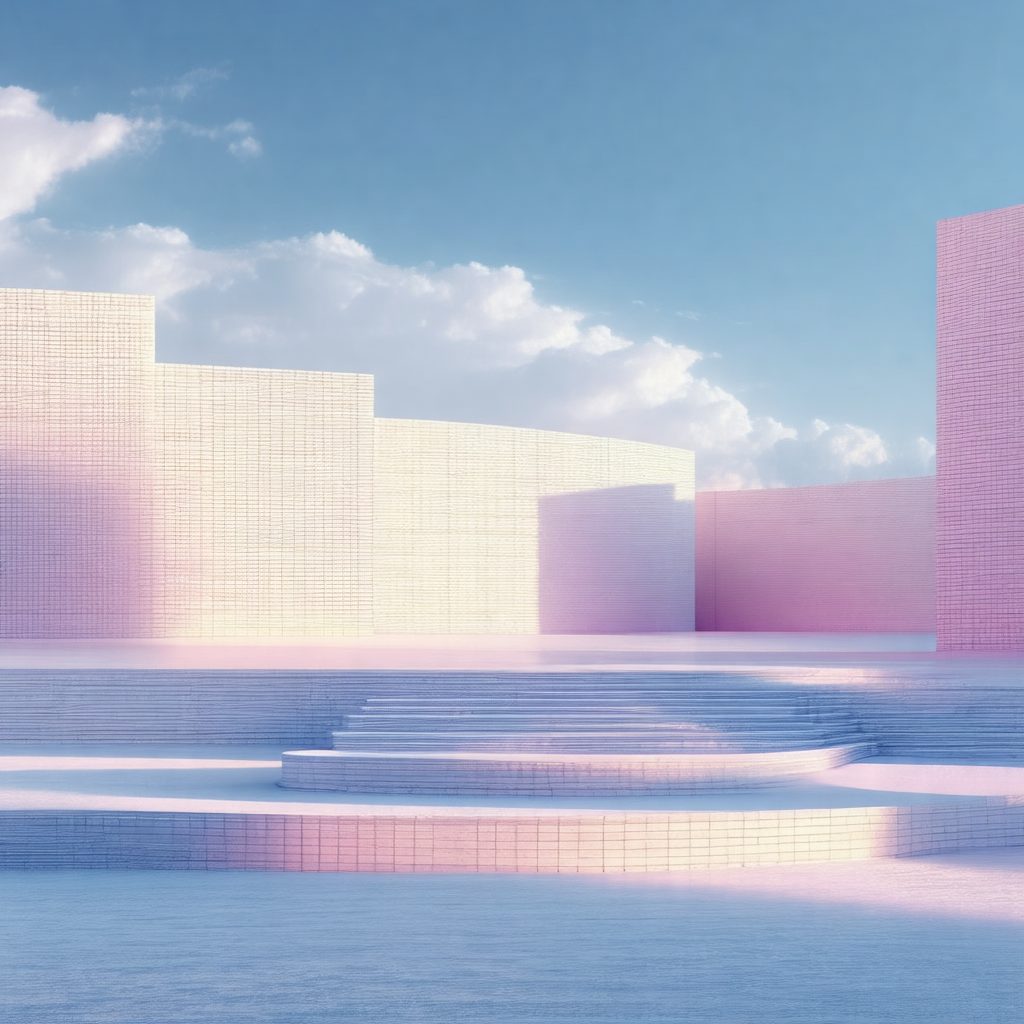 Large, modern building with a pink and white color scheme