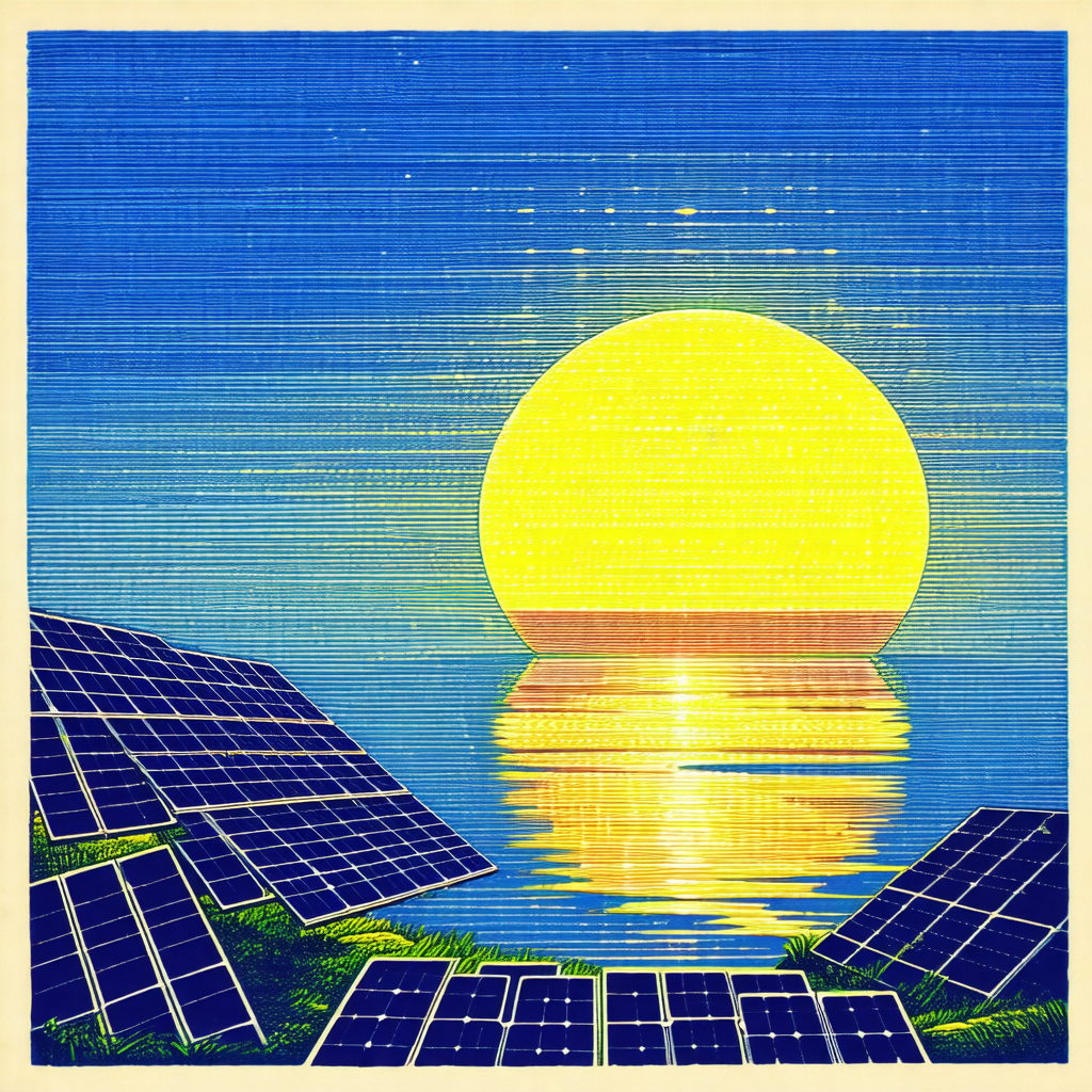 Beautiful sunset over a body of water, with a large yello...
