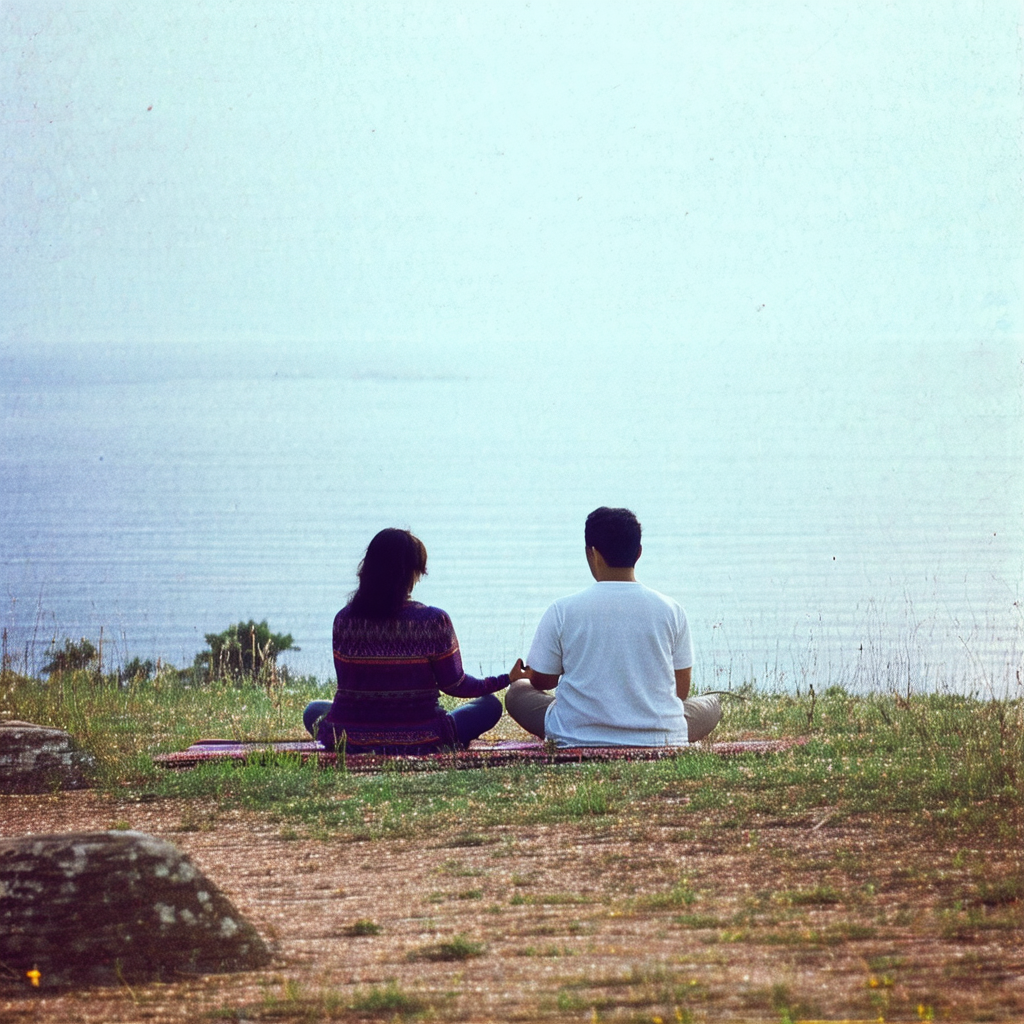 Man and a woman sitting on a blanket on a grassy hillside...