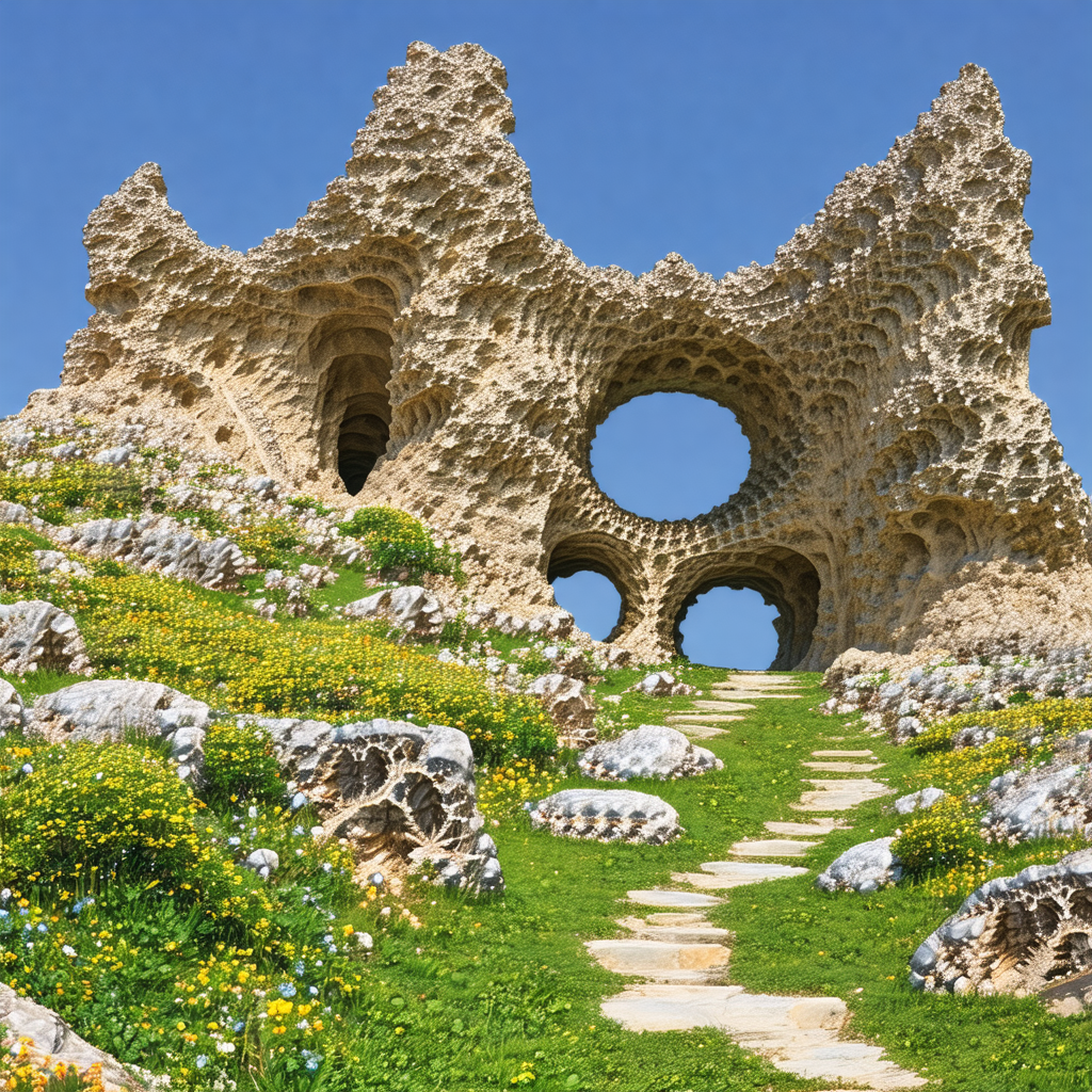 Large, rocky structure with a series of arches and a larg...