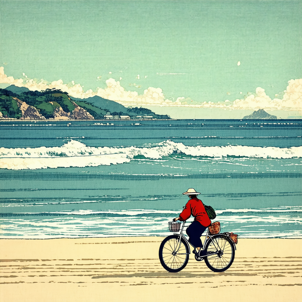 Man riding a bicycle on a sandy beach near the ocean