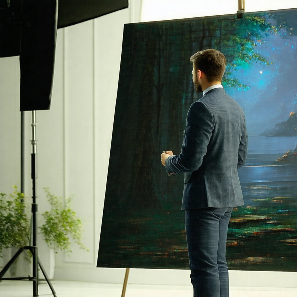 Man standing in front of a large painting, which is displ...