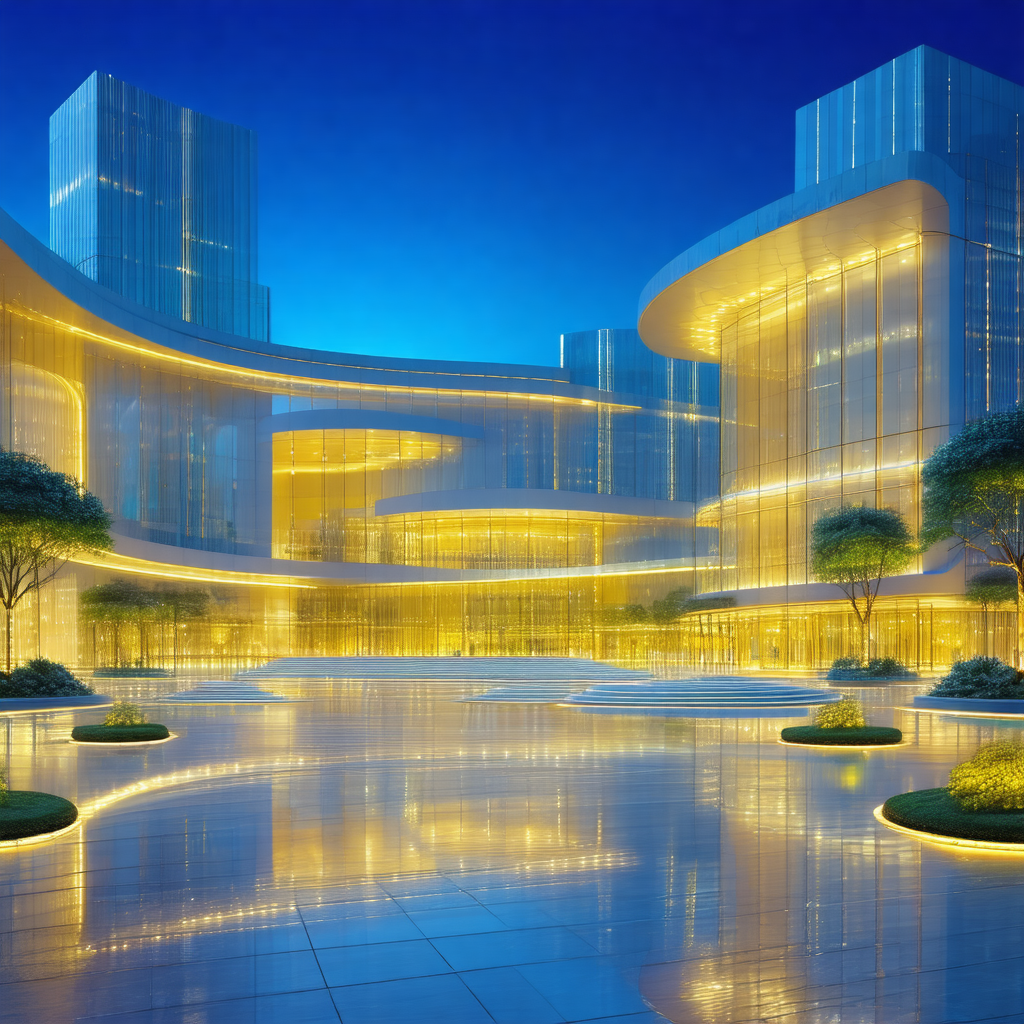 Large, modern building with a unique, curved design
