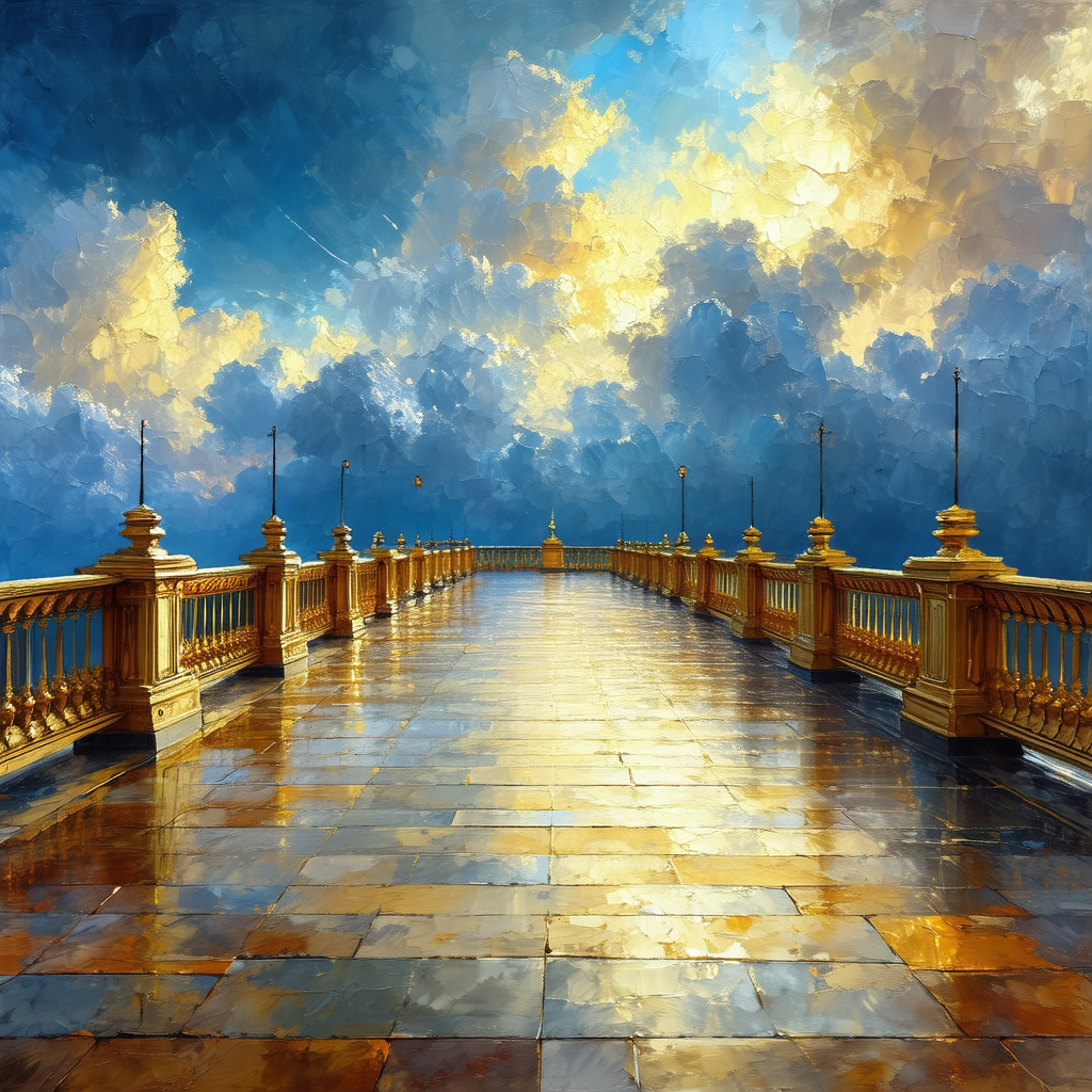 Long, narrow bridge with a golden railing