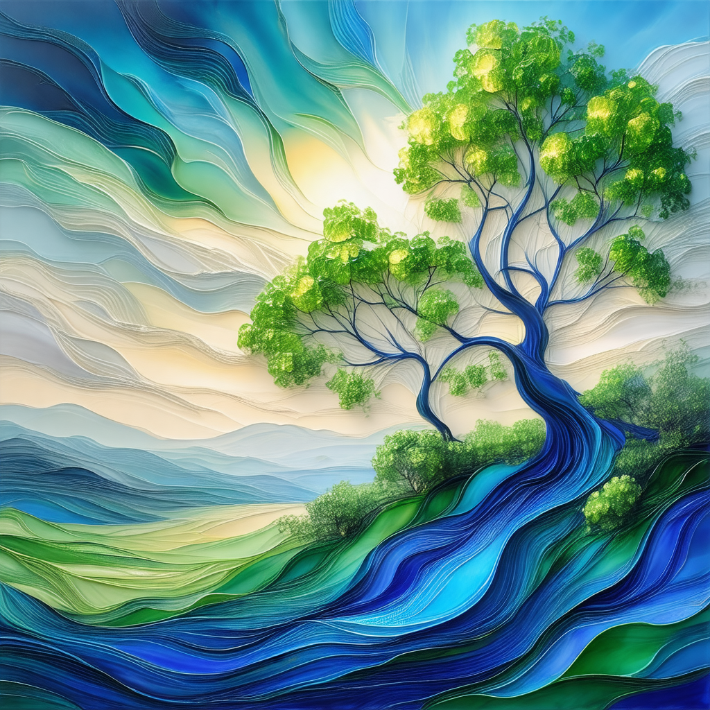 Large tree with a blue trunk, situated in a lush green field
