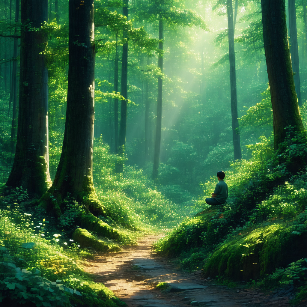 Man sitting in a forest, surrounded by trees and greenery