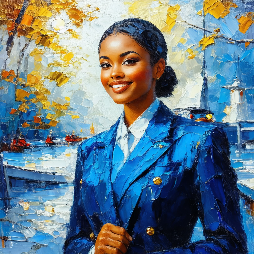 Woman wearing a blue jacket and a tie, standing in front ...