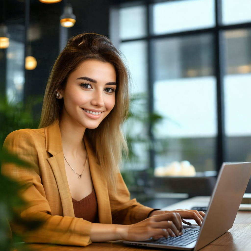 Woman sitting at a desk, working on a laptop computer