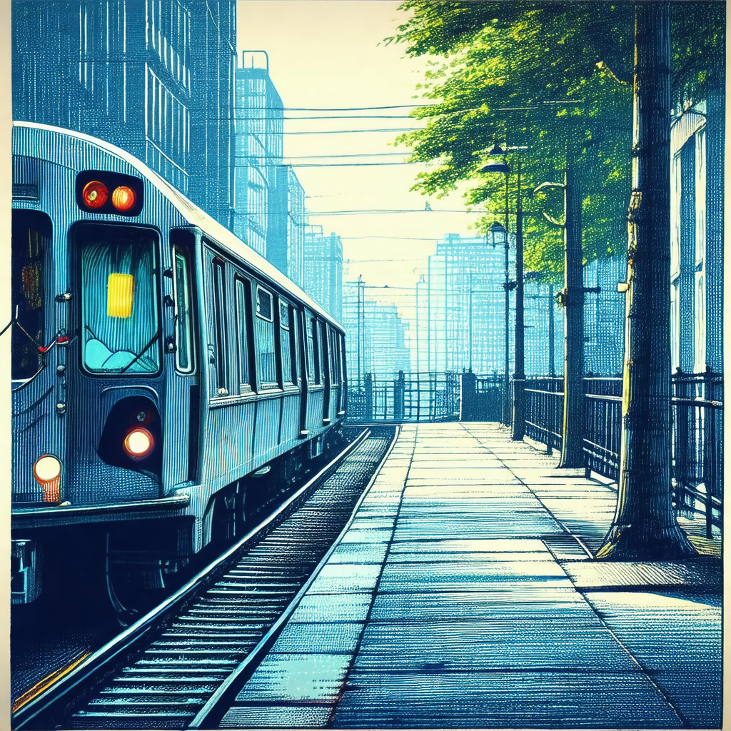 Painting of a train traveling down the tracks