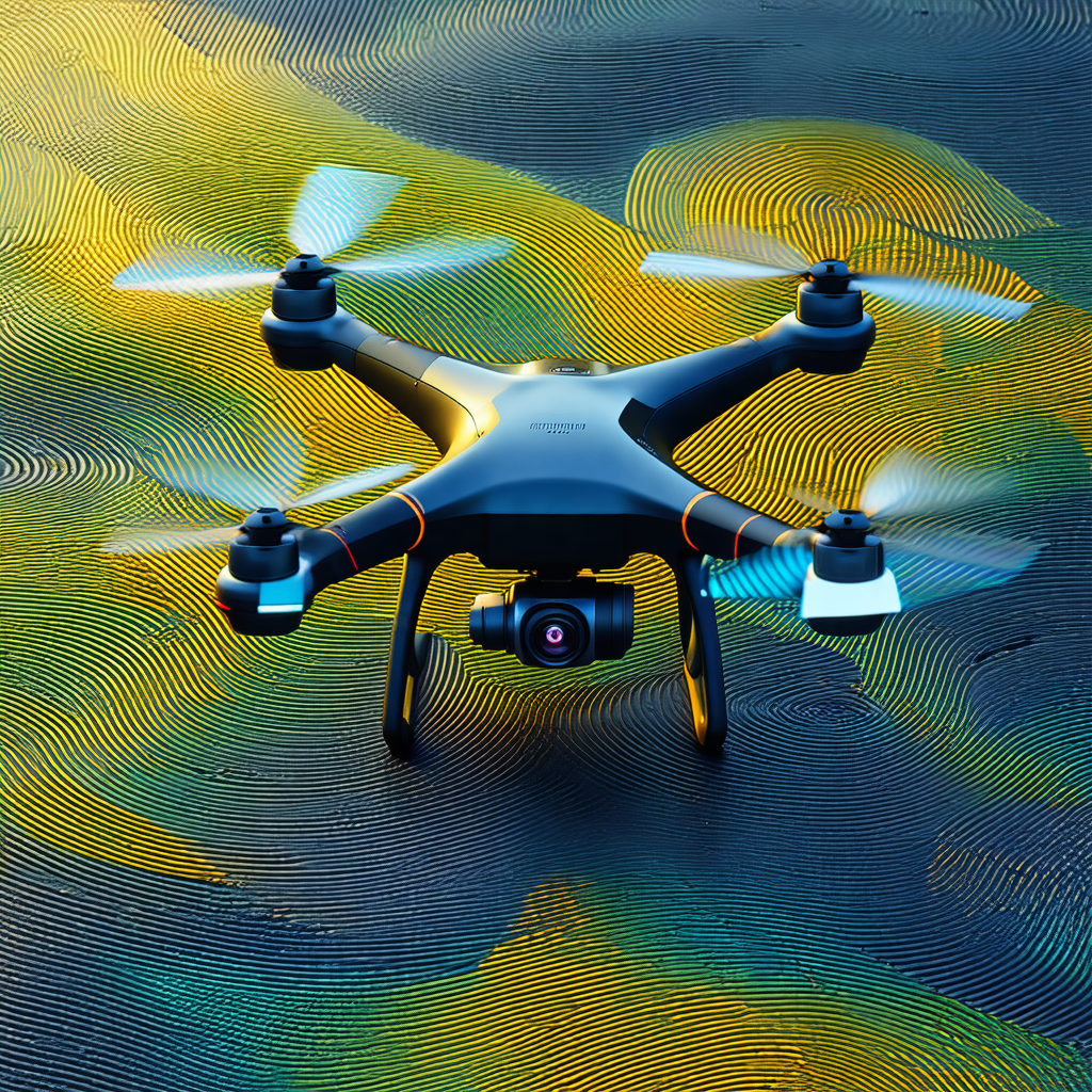 Black drone flying in the air, with its propellers spinning