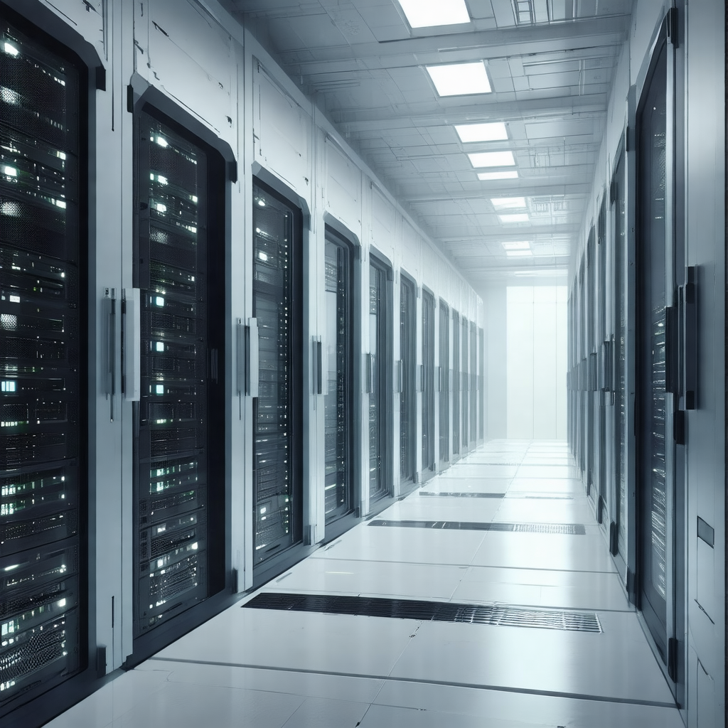 Large, well-lit data center with rows of servers and stor...