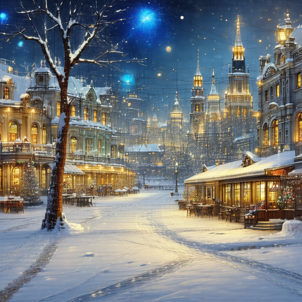 Snowy city street at night, with a beautifully lit christ...