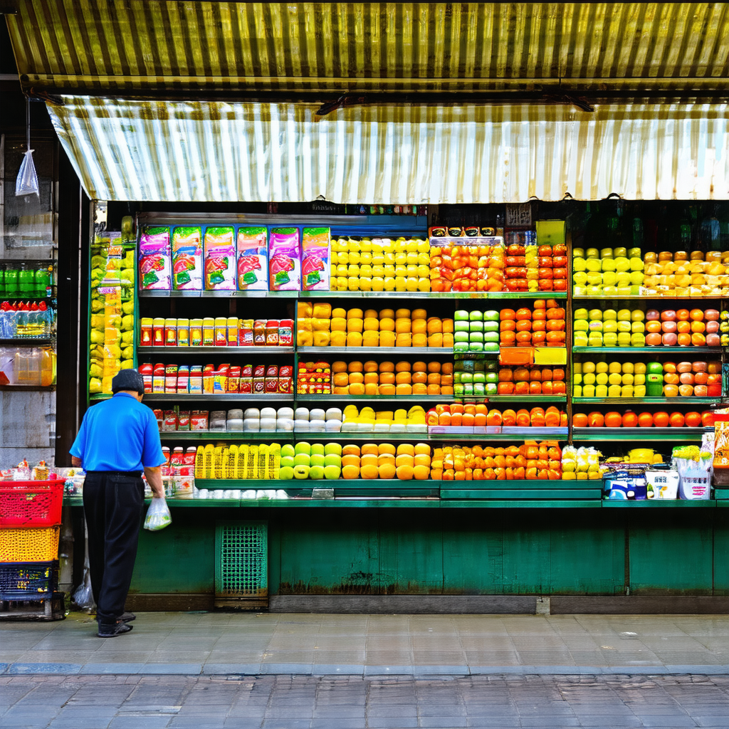 Man standing in front of a fruit stand, which is filled w...