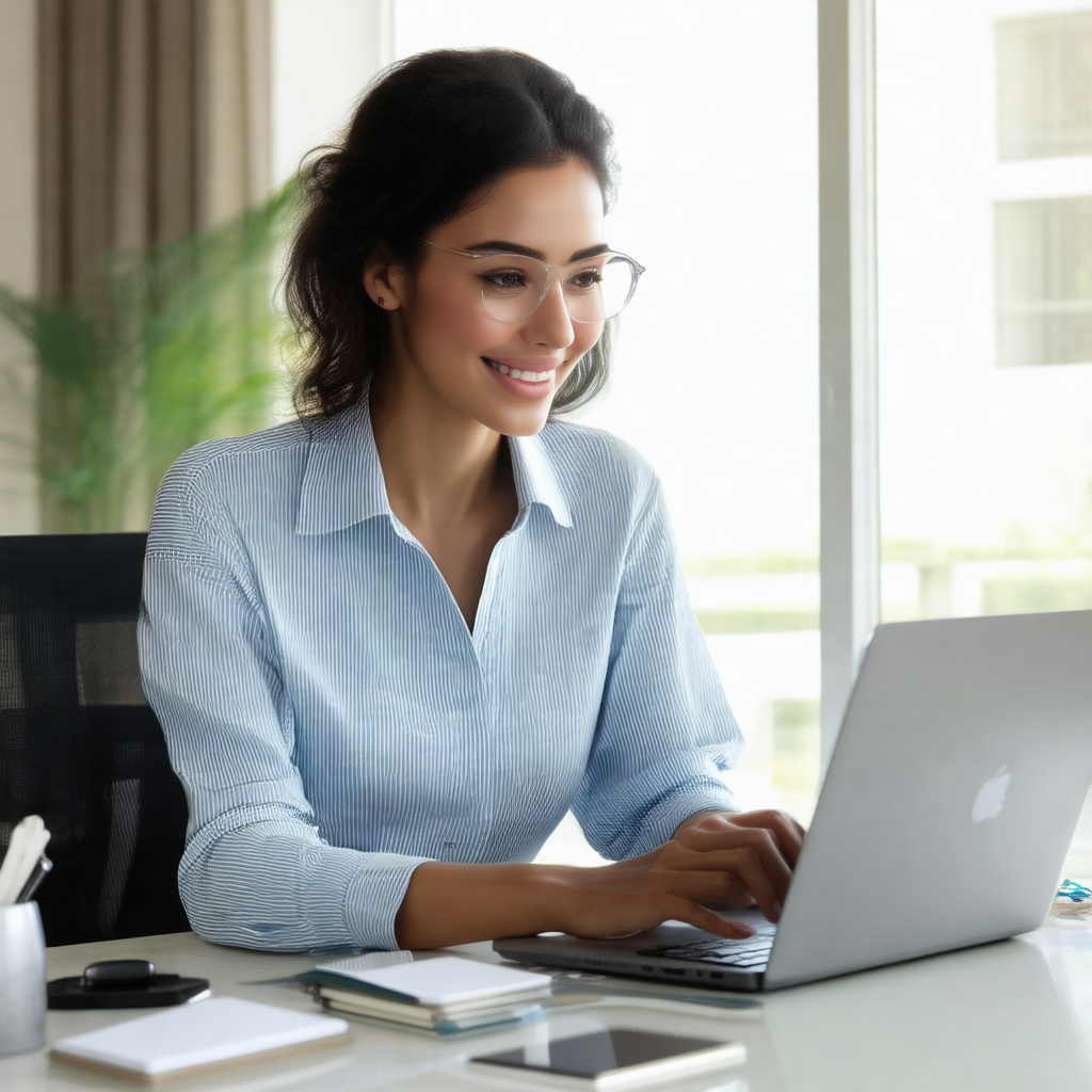 Woman sitting at a desk, working on a laptop computer