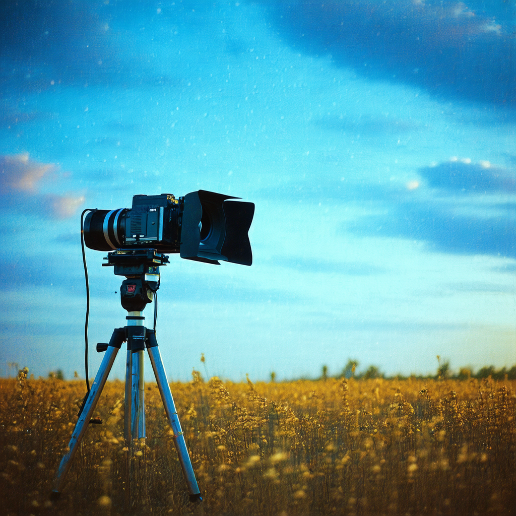 Large camera set up on a tripod in a field