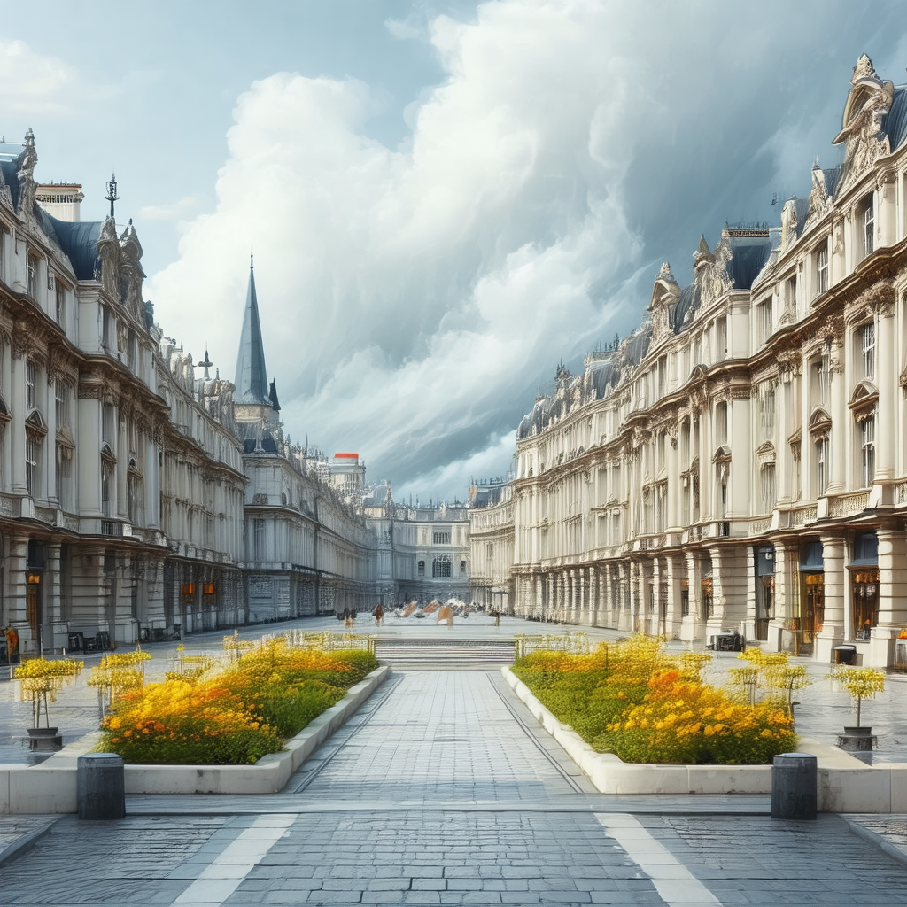 Black and white photo of a city street with a row of buil...