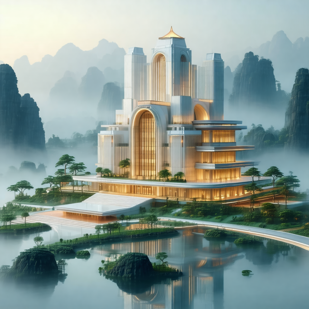 Large, white, and gold building situated on a body of water