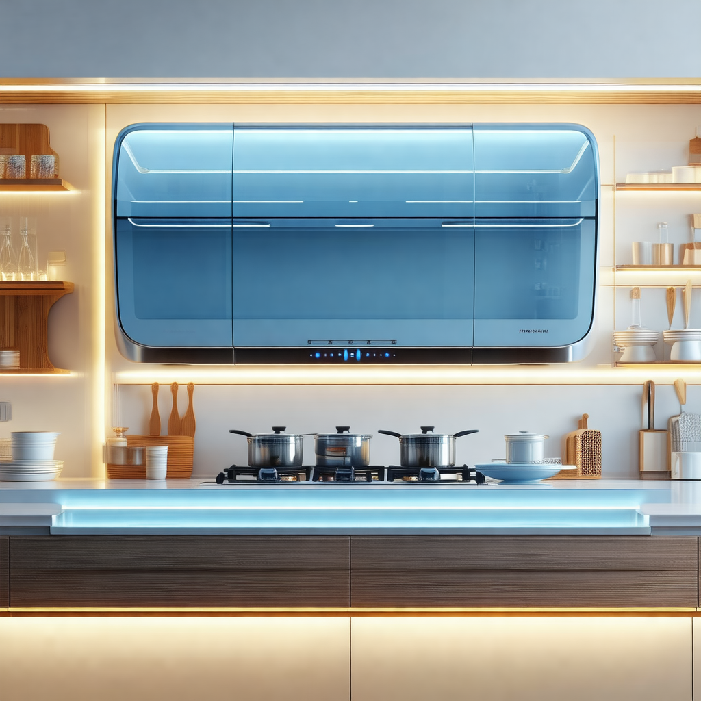 Modern kitchen with a large, blue refrigerator freezer as...