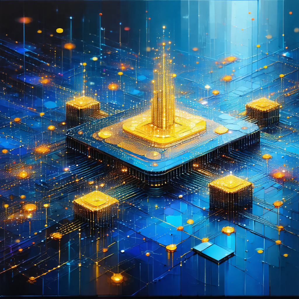Futuristic, digital artwork featuring a large, blue, thre...