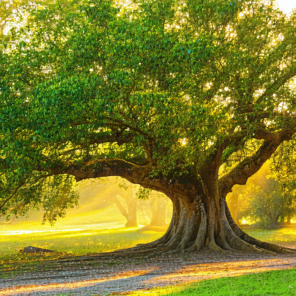 Large tree with a massive trunk, situated in a grassy field