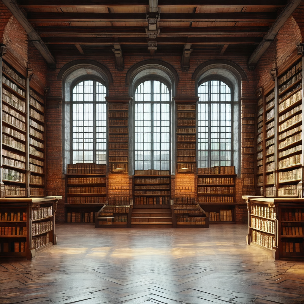 Large, old library filled with numerous bookshelves
