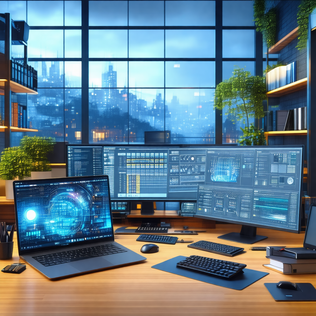 Large desk with a laptop and a monitor placed on it