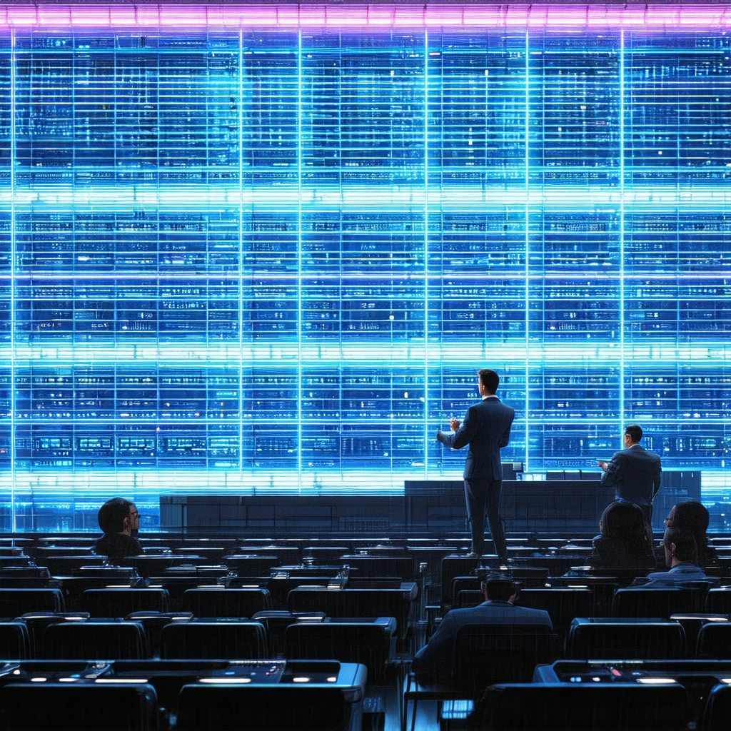 Group of people standing in front of a large, illuminated...