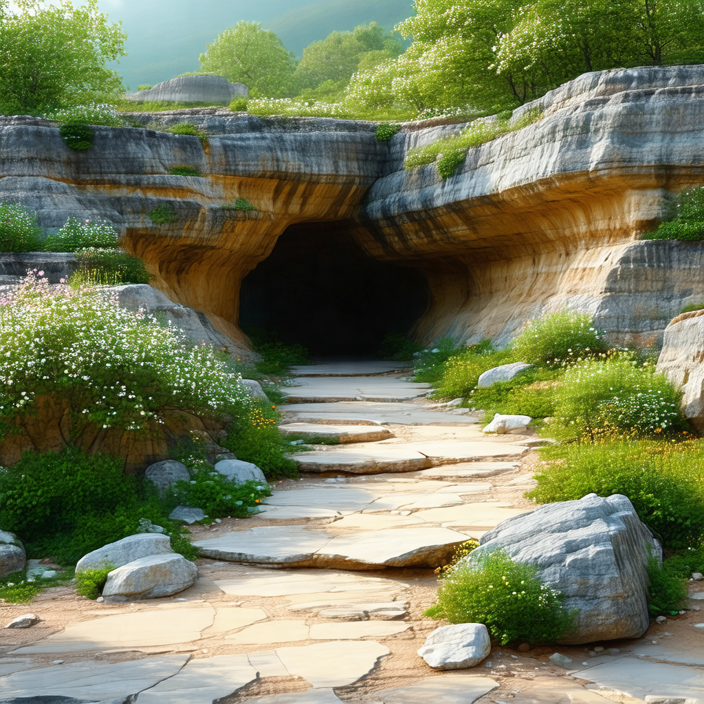 Beautiful, natural setting with a path leading to a cave
