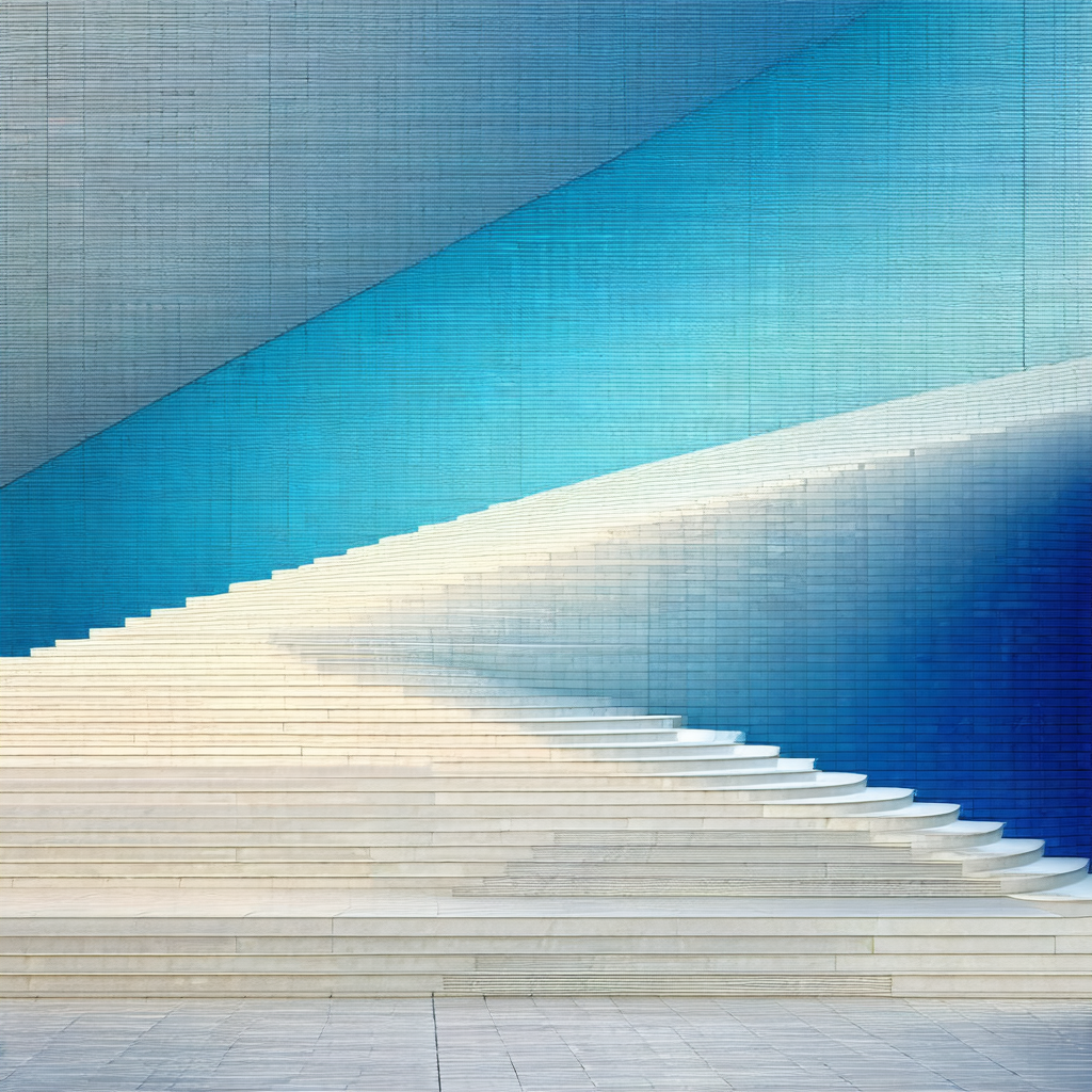 Large staircase with a blue and white color scheme