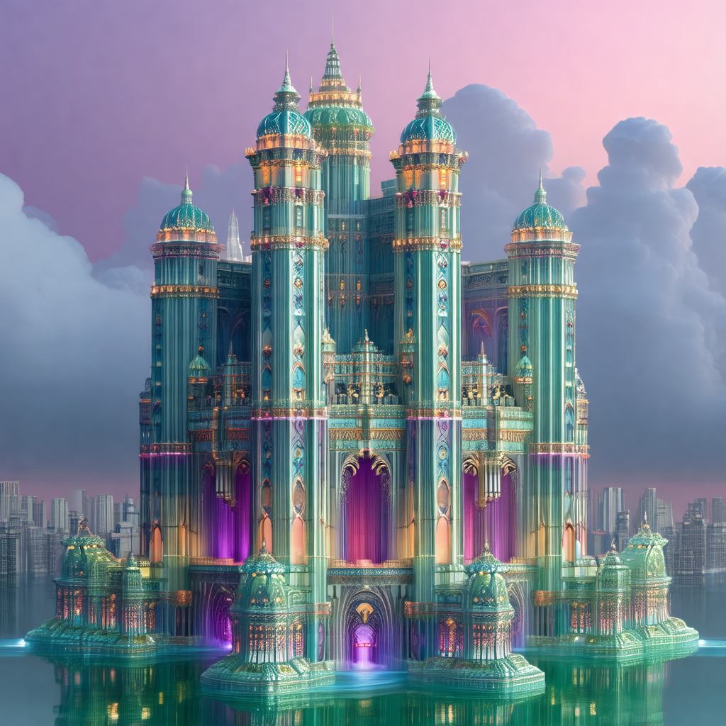 Large, colorful castle floating on top of a body of water