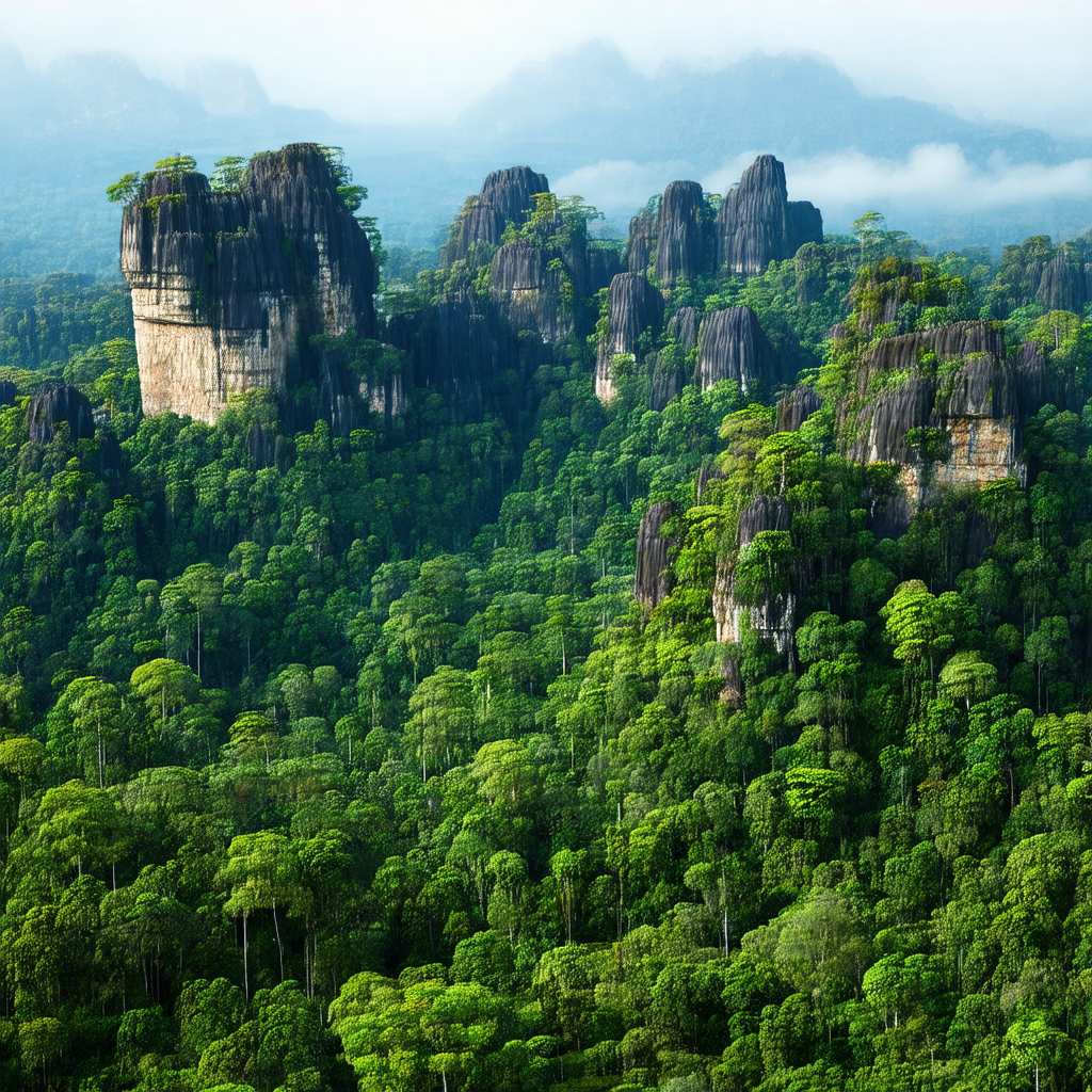Lush green forest filled with trees and mountains in the ...