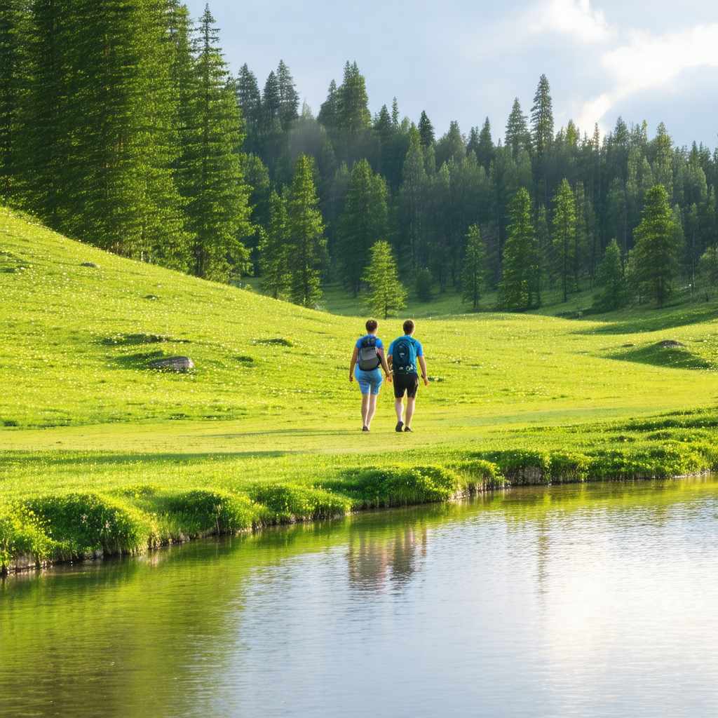 Two people walking together in a lush green field